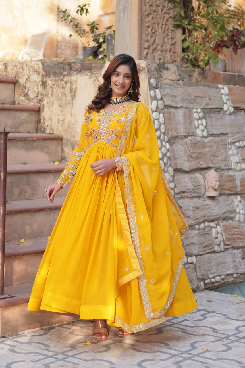 Heavy Faux Blooming with Premium Embroidery Zari Sequins work Gown
