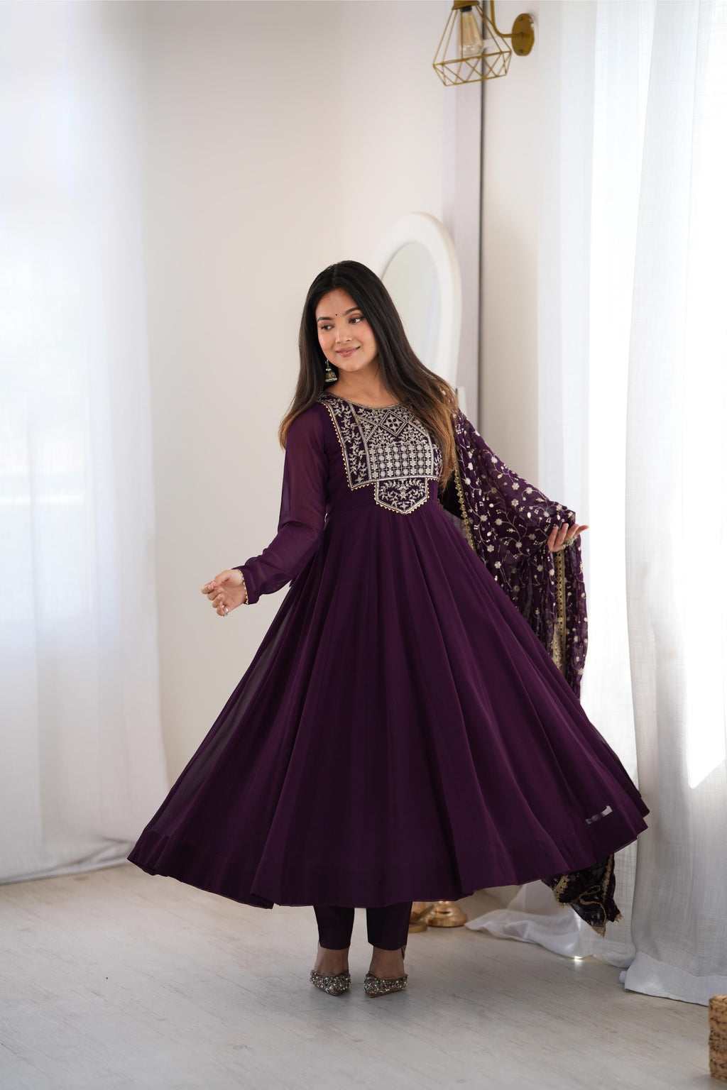 Gorgeous Wine Faux Georgette Anarkali Set | Tulip Designer
