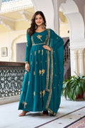 Stylish Faux Georgette Designer Gown with Pant and Embroidered Dupatta
