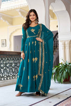 Stylish Faux Georgette Designer Gown with Pant and Embroidered Dupatta
