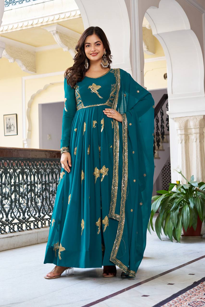 Stylish Faux Georgette Designer Gown with Pant and Embroidered Dupatta
