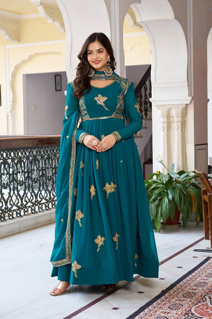 Stylish Faux Georgette Designer Gown with Pant and Embroidered Dupatta
