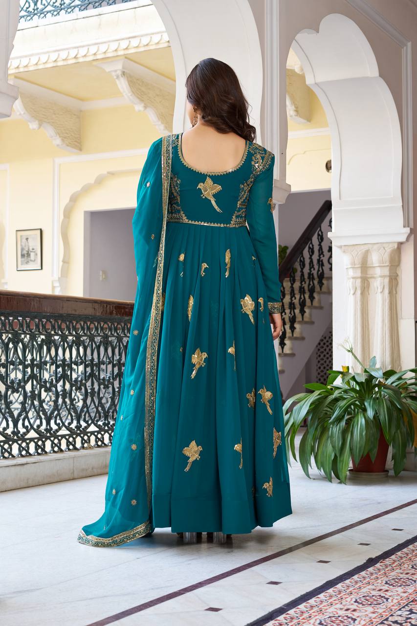 Stylish Faux Georgette Designer Gown with Pant and Embroidered Dupatta
