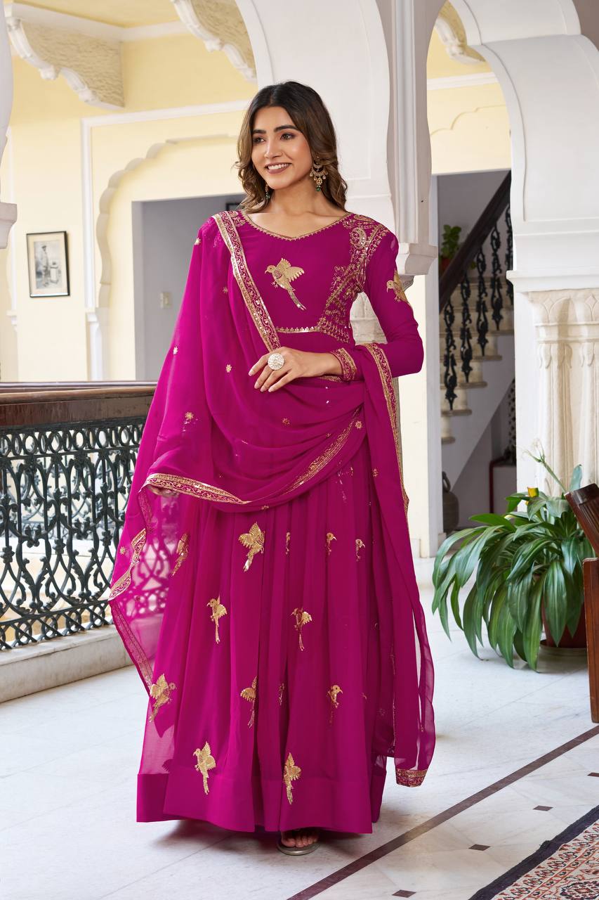 Stylish Faux Georgette Designer Gown with Pant and Embroidered Dupatta
