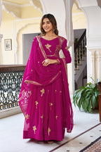 Stylish Faux Georgette Designer Gown with Pant and Embroidered Dupatta
