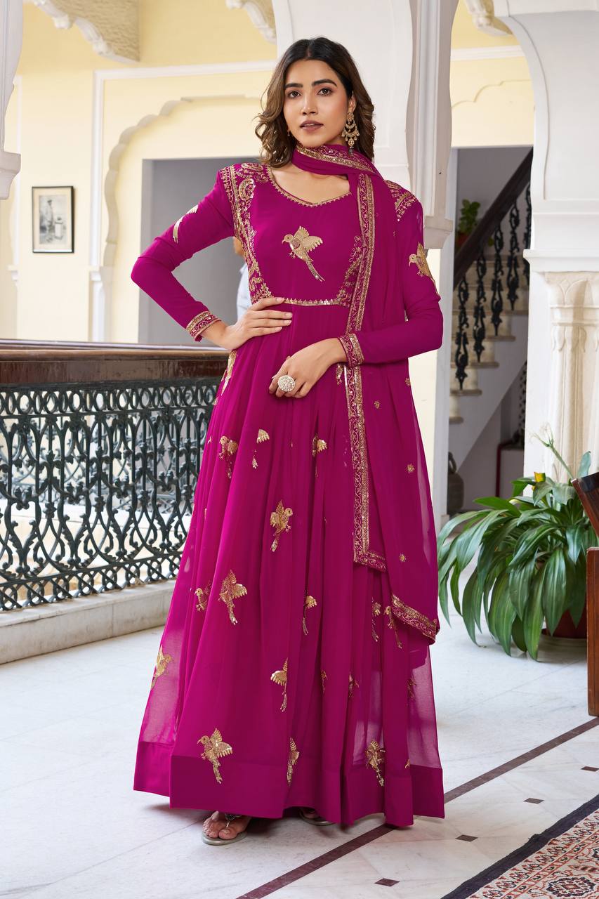 Stylish Faux Georgette Designer Gown with Pant and Embroidered Dupatta
