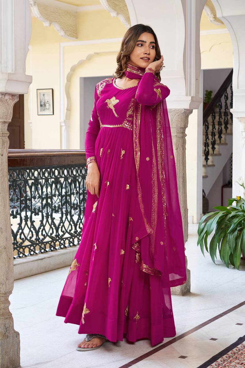 Stylish Faux Georgette Designer Gown with Pant and Embroidered Dupatta
