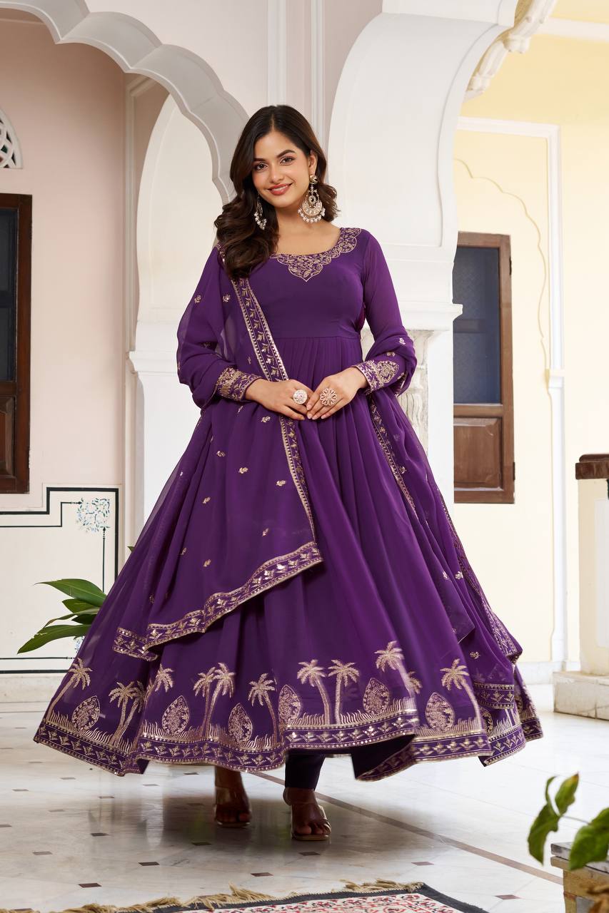 Faux Georgette Thread Embroidery Gown with Pant and Dupatta
