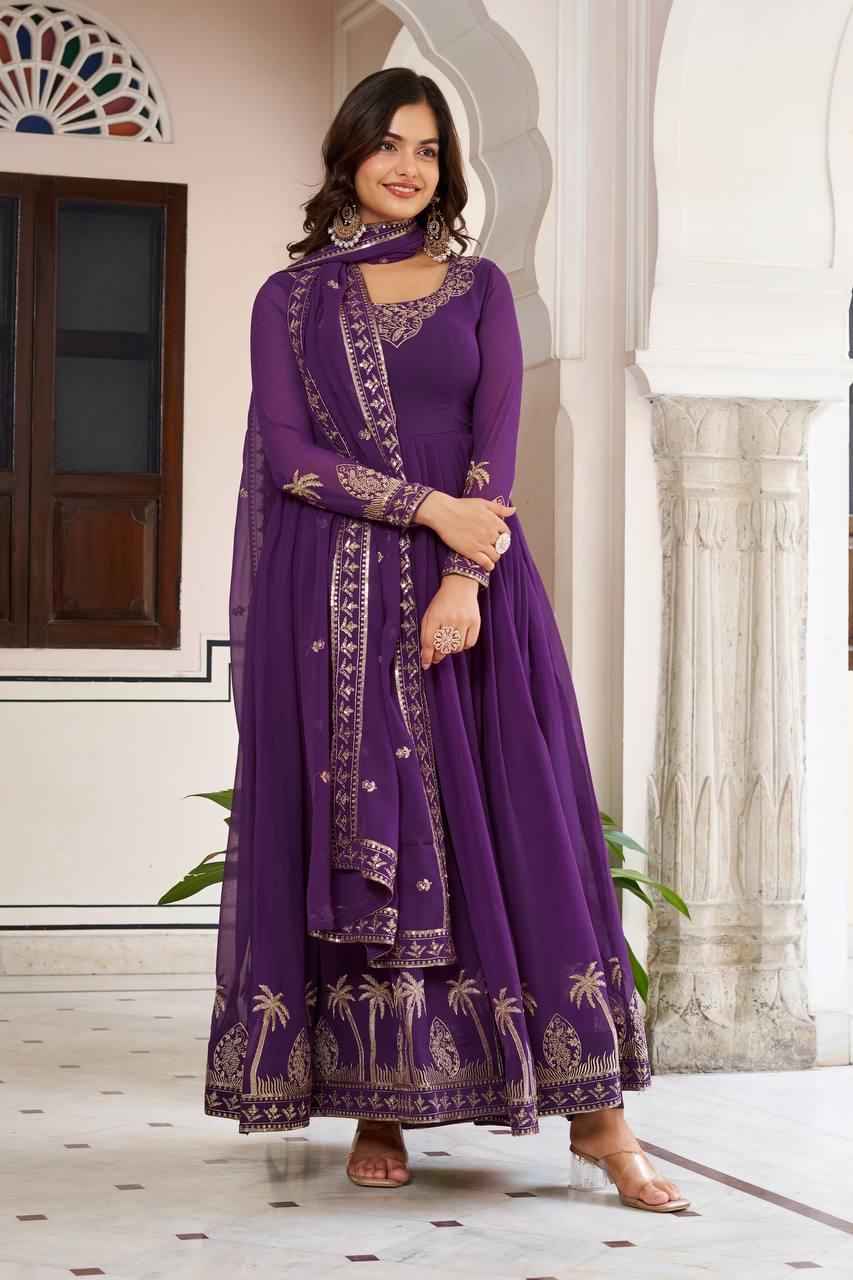 Faux Georgette Thread Embroidery Gown with Pant and Dupatta
