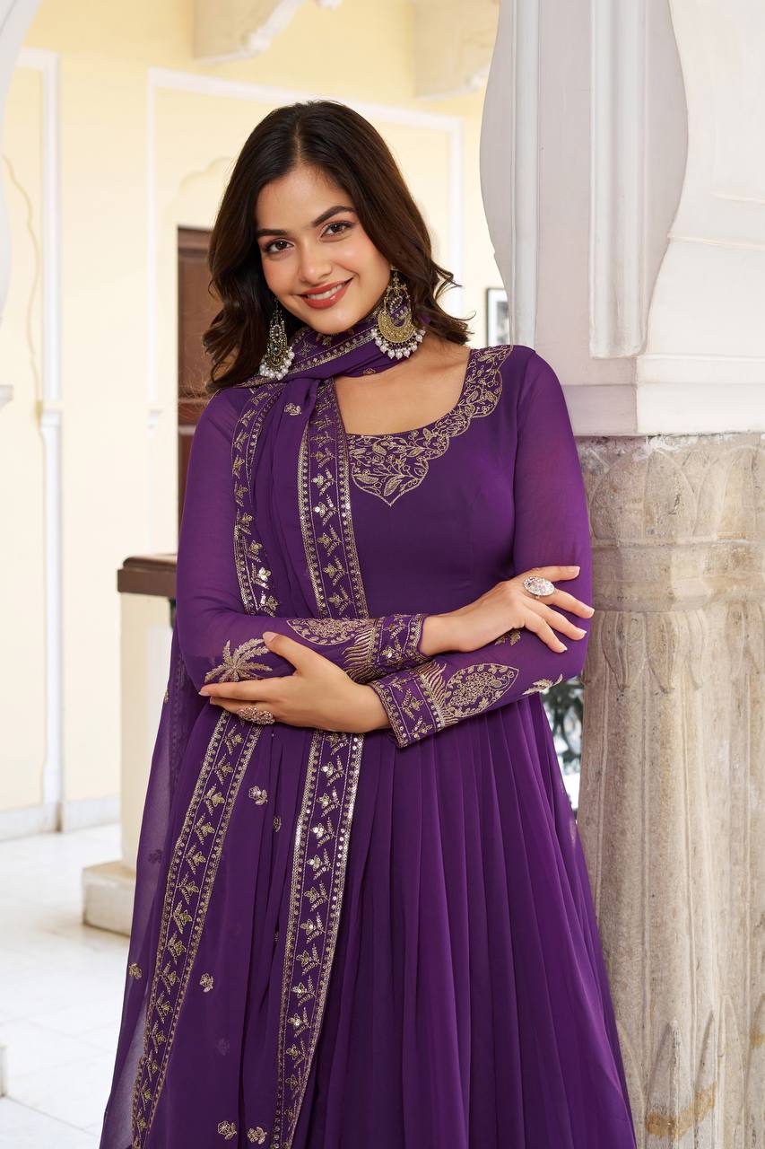 Faux Georgette Thread Embroidery Gown with Pant and Dupatta
