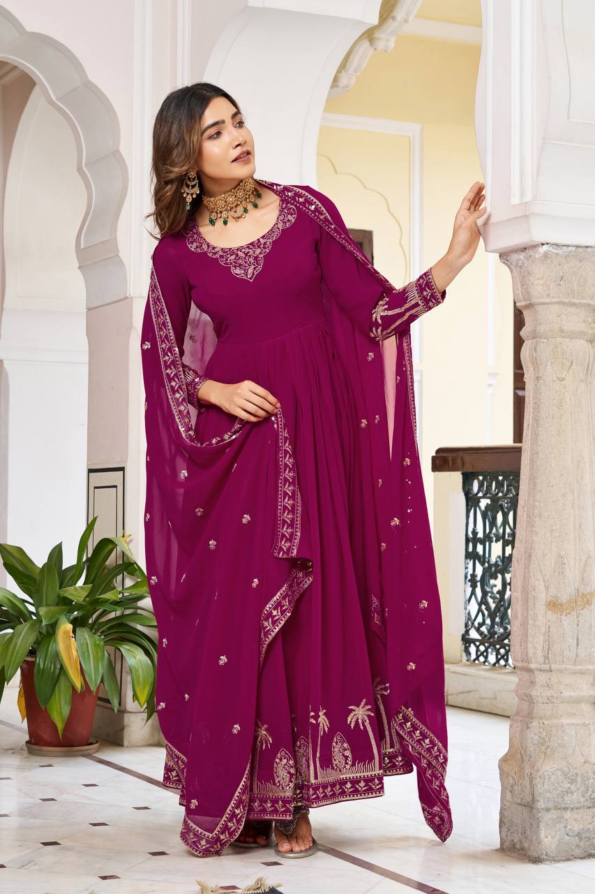 Faux Georgette Thread Embroidery Gown with Pant and Dupatta
