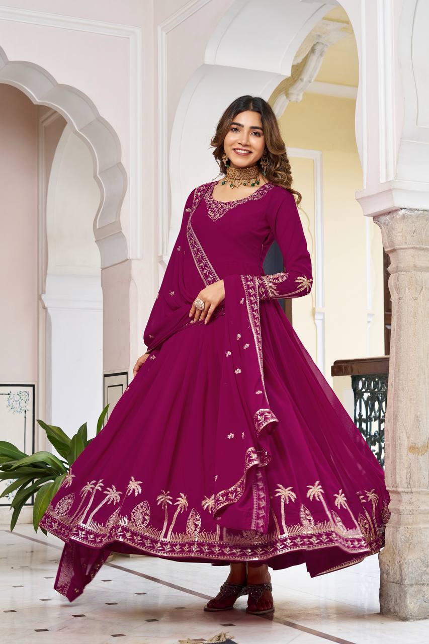 Faux Georgette Thread Embroidery Gown with Pant and Dupatta

