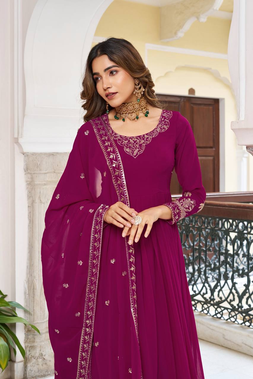 Faux Georgette Thread Embroidery Gown with Pant and Dupatta
