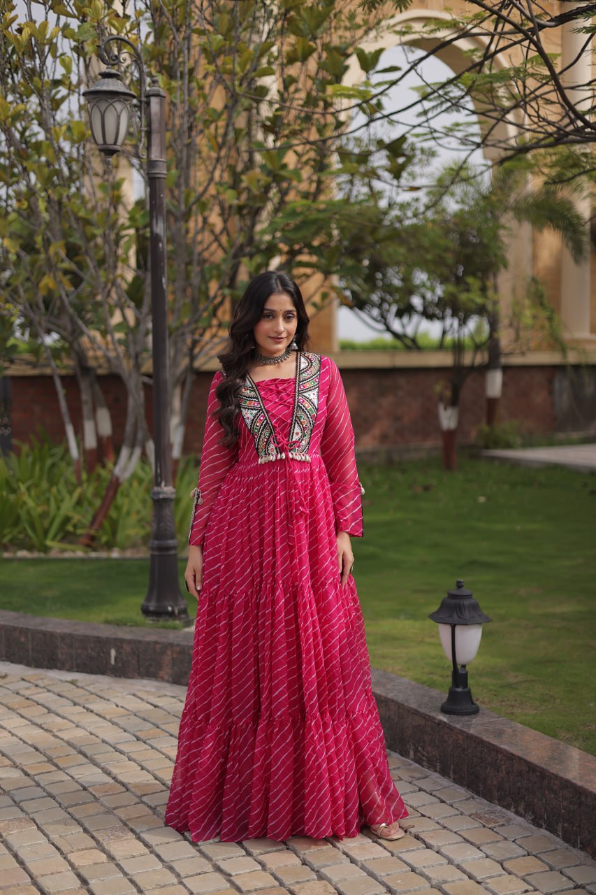 Festive Faux Georgette Leheriya Kutchi Gown | Tulip Designer
