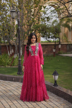 Festive Faux Georgette Leheriya Kutchi Gown | Tulip Designer
