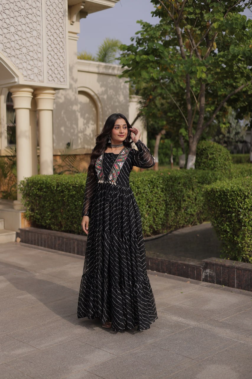 Festive Faux Georgette Leheriya Kutchi Gown | Tulip Designer
