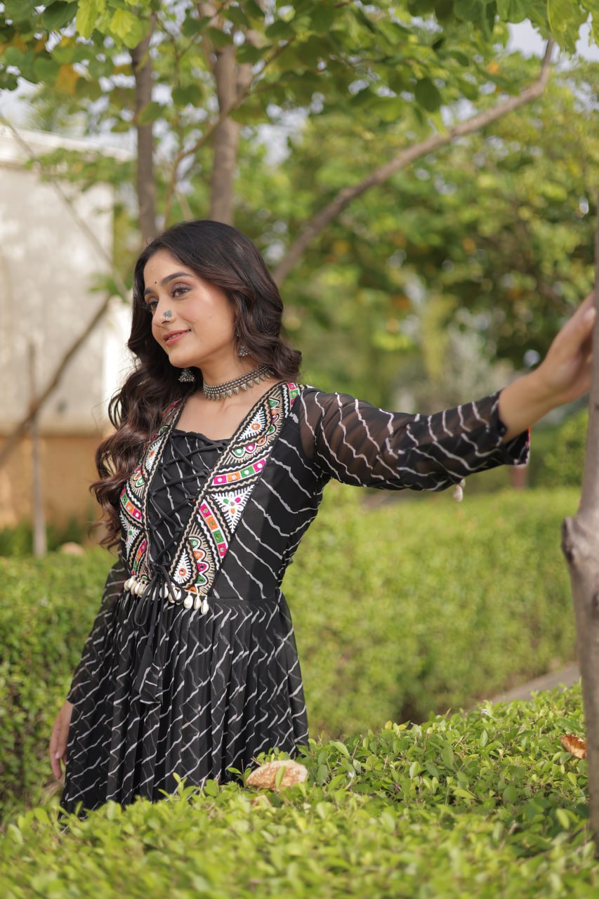 Festive Faux Georgette Leheriya Kutchi Gown | Tulip Designer
