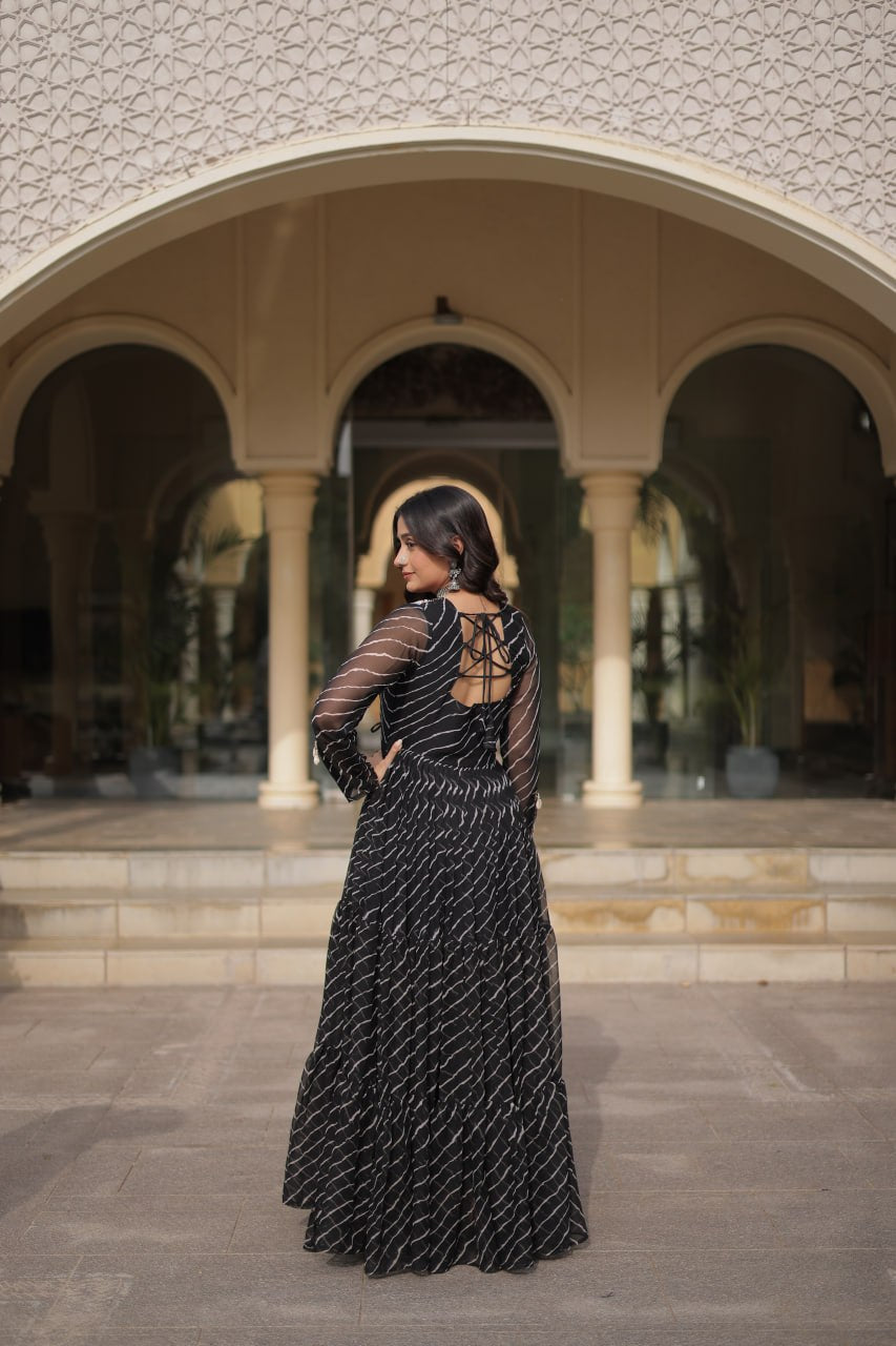Festive Faux Georgette Leheriya Kutchi Gown | Tulip Designer
