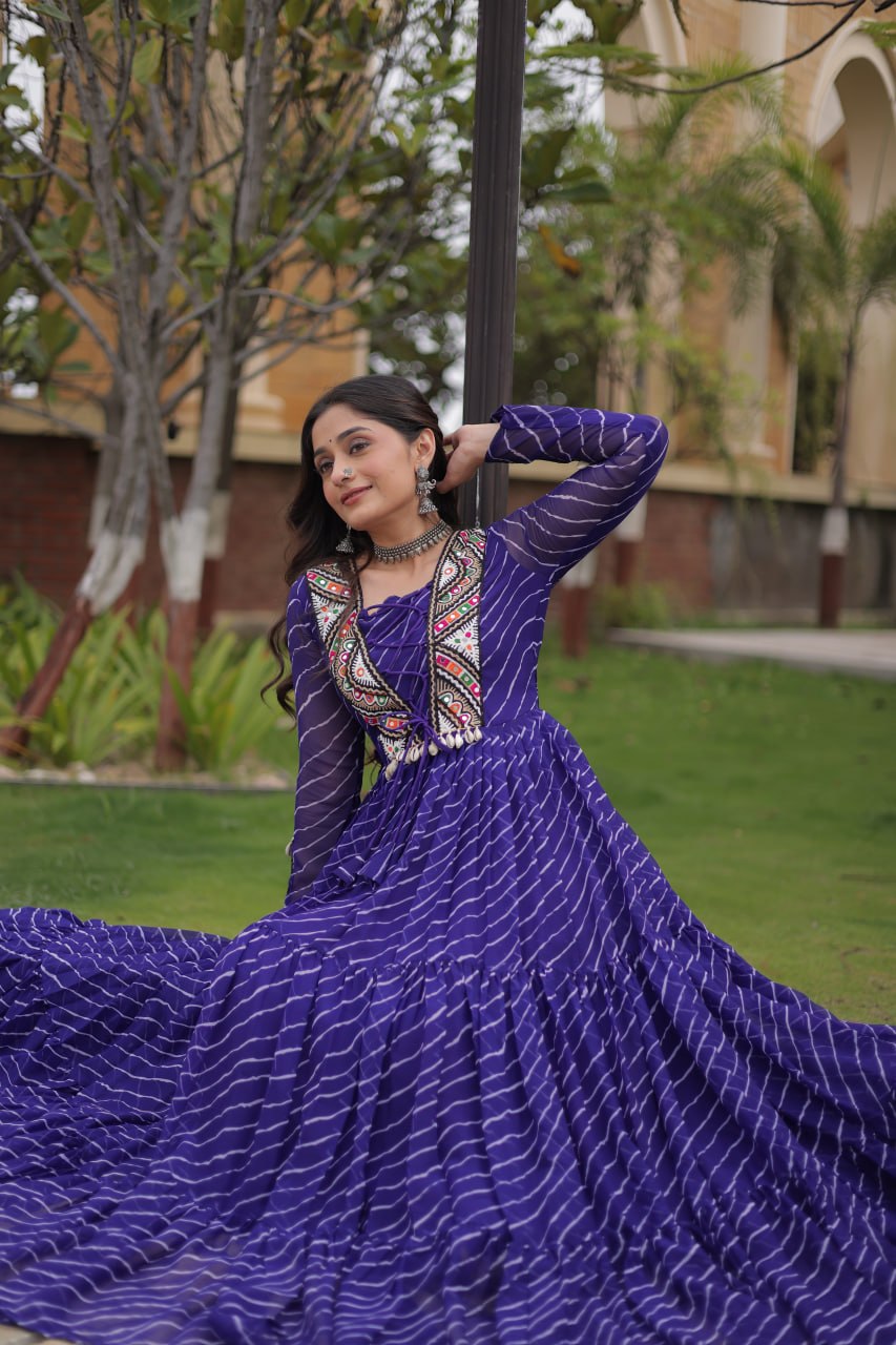 Festive Faux Georgette Leheriya Kutchi Gown | Tulip Designer
