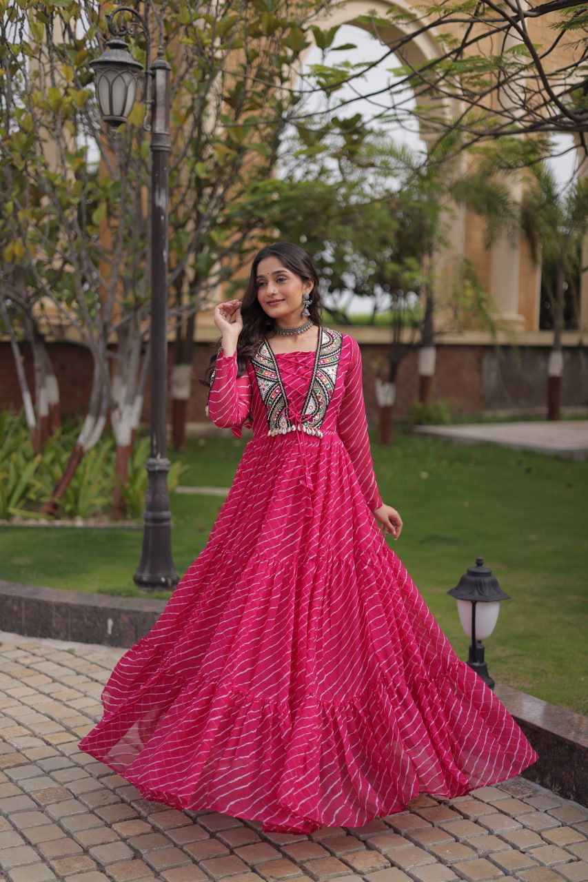 Festive Faux Georgette Leheriya Kutchi Gown | Tulip Designer
