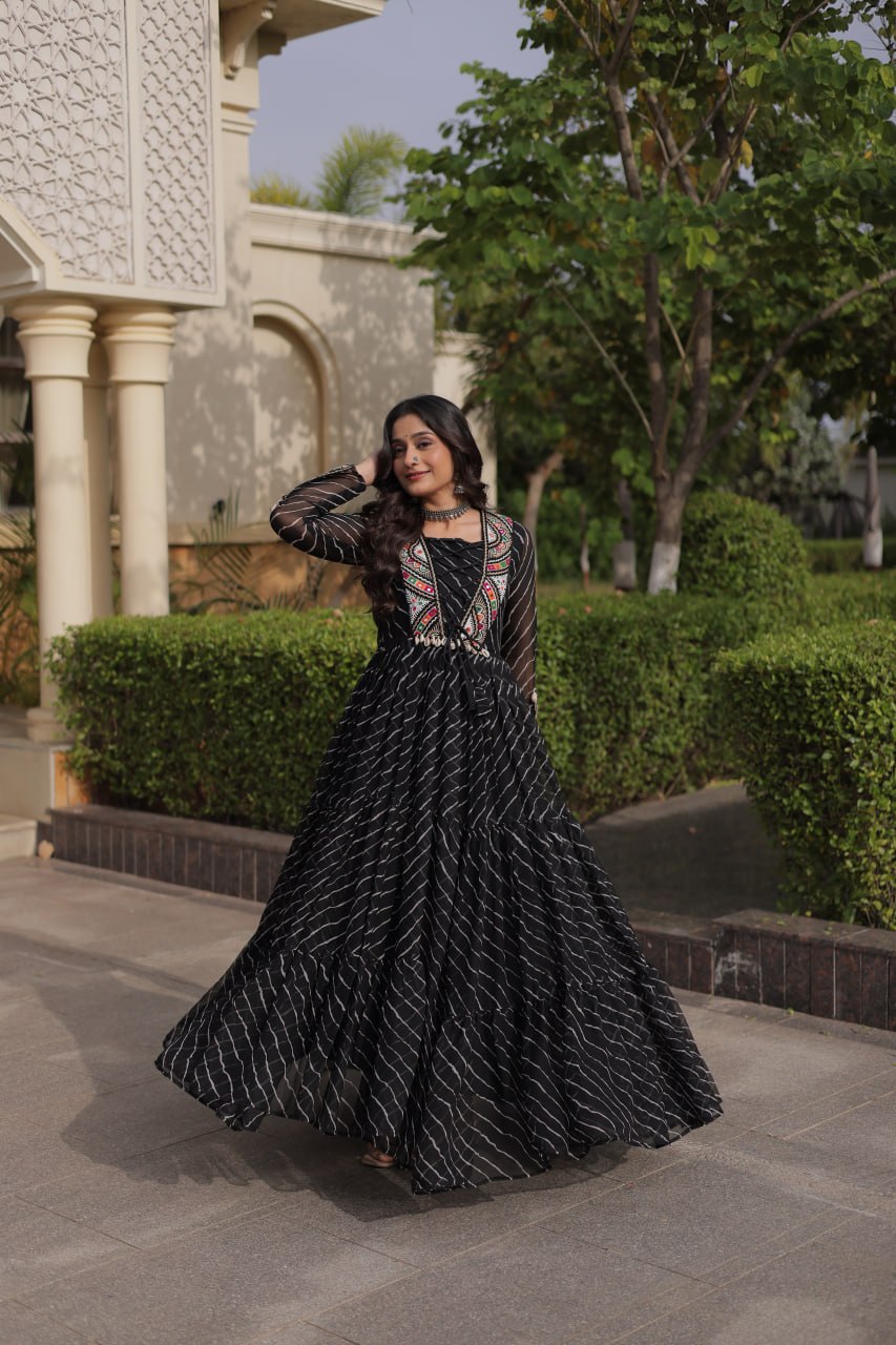 Festive Faux Georgette Leheriya Kutchi Gown | Tulip Designer
