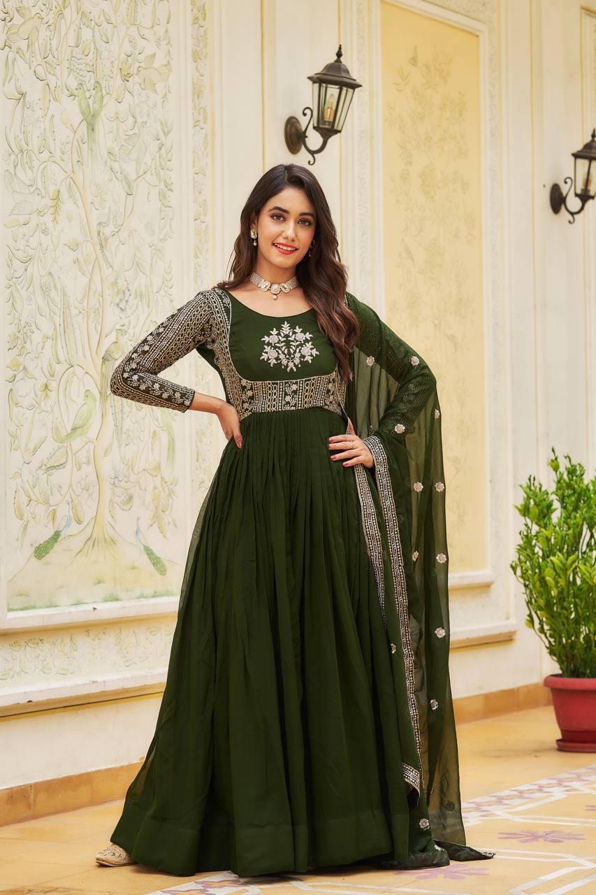 Faux Georgette Ready to Wear Embroidered Gown With Dupatta
