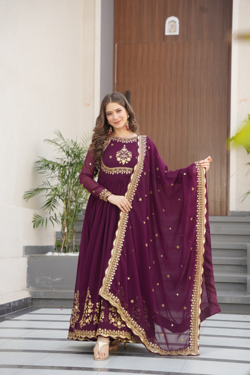 Luxury Faux Blooming Georgette with Zari Thread & Sequins Embroidery Gown Set

