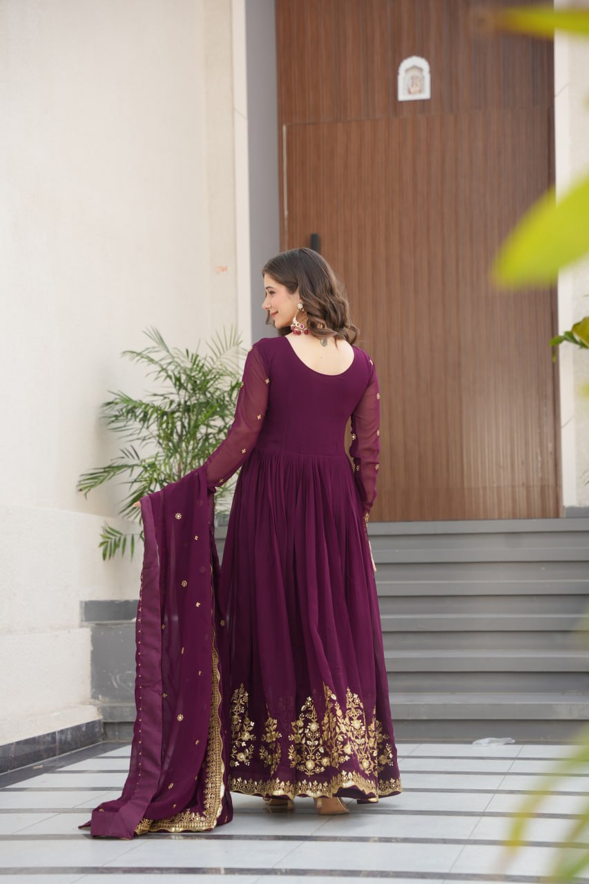Luxury Faux Blooming Georgette with Zari Thread & Sequins Embroidery Gown Set