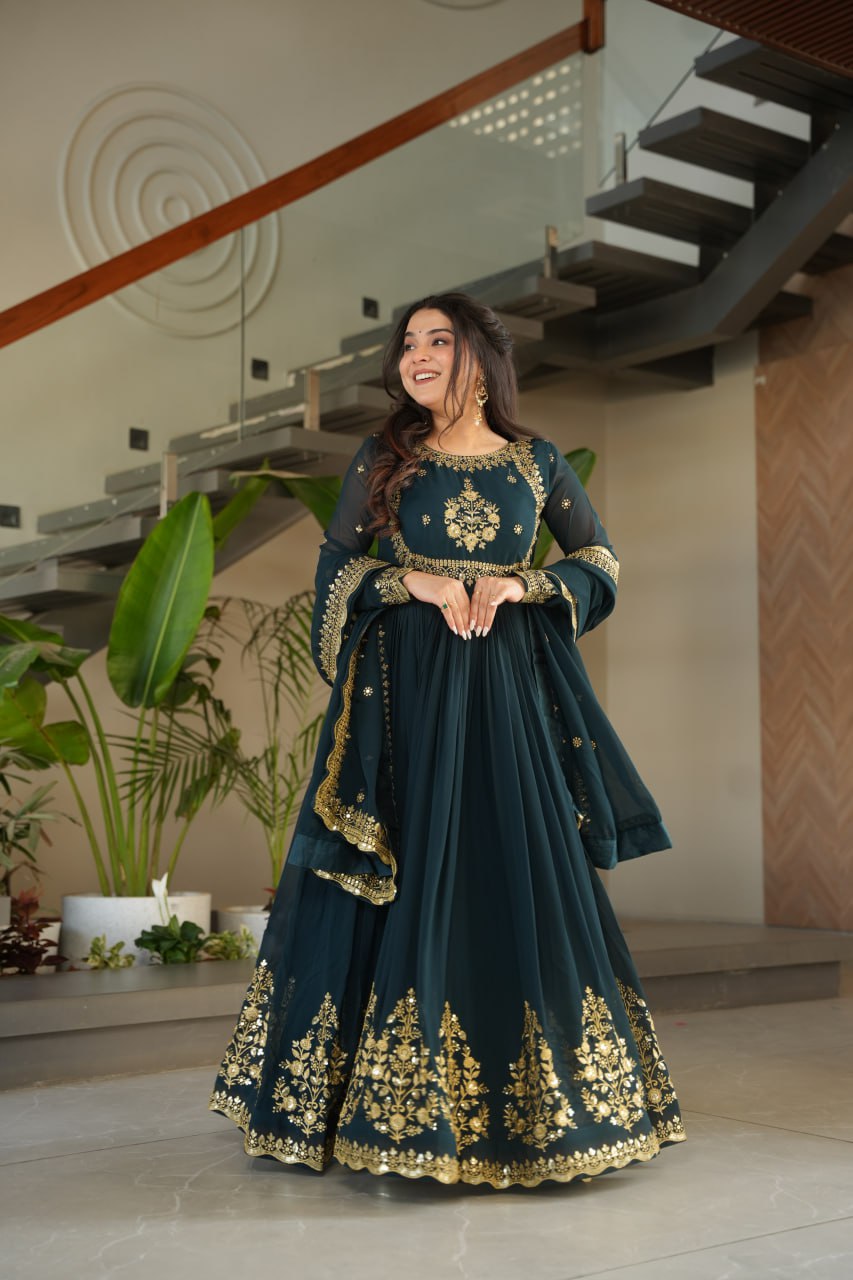 
Luxury Faux Blooming Georgette with Zari Thread & Sequins Embroidery Gown Set
