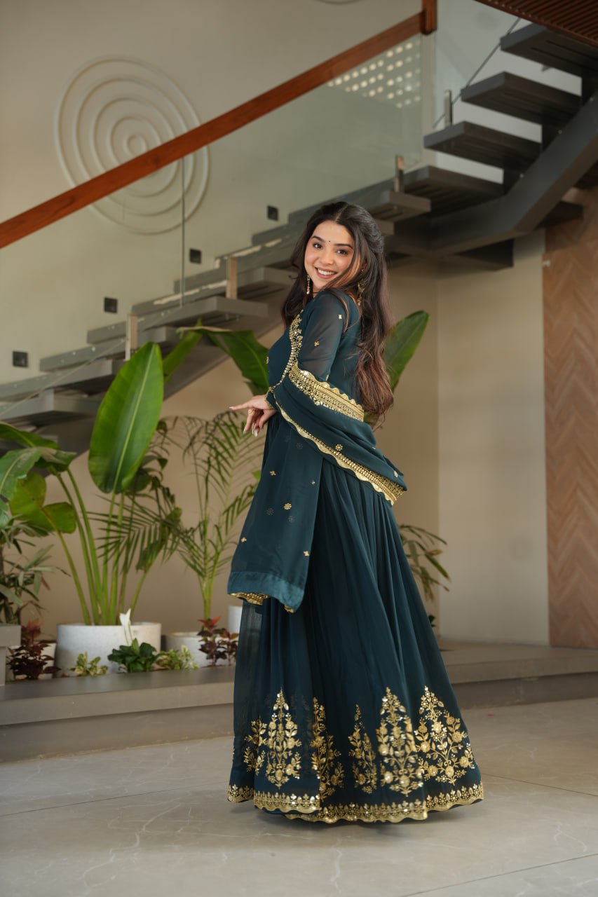 
Luxury Faux Blooming Georgette with Zari Thread & Sequins Embroidery Gown Set
