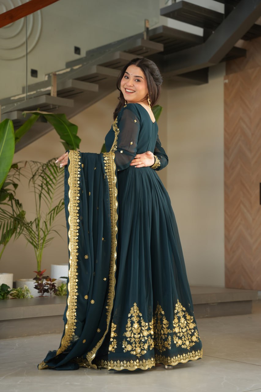 Luxury Faux Blooming Georgette with Zari Thread & Sequins Embroidery Gown Set