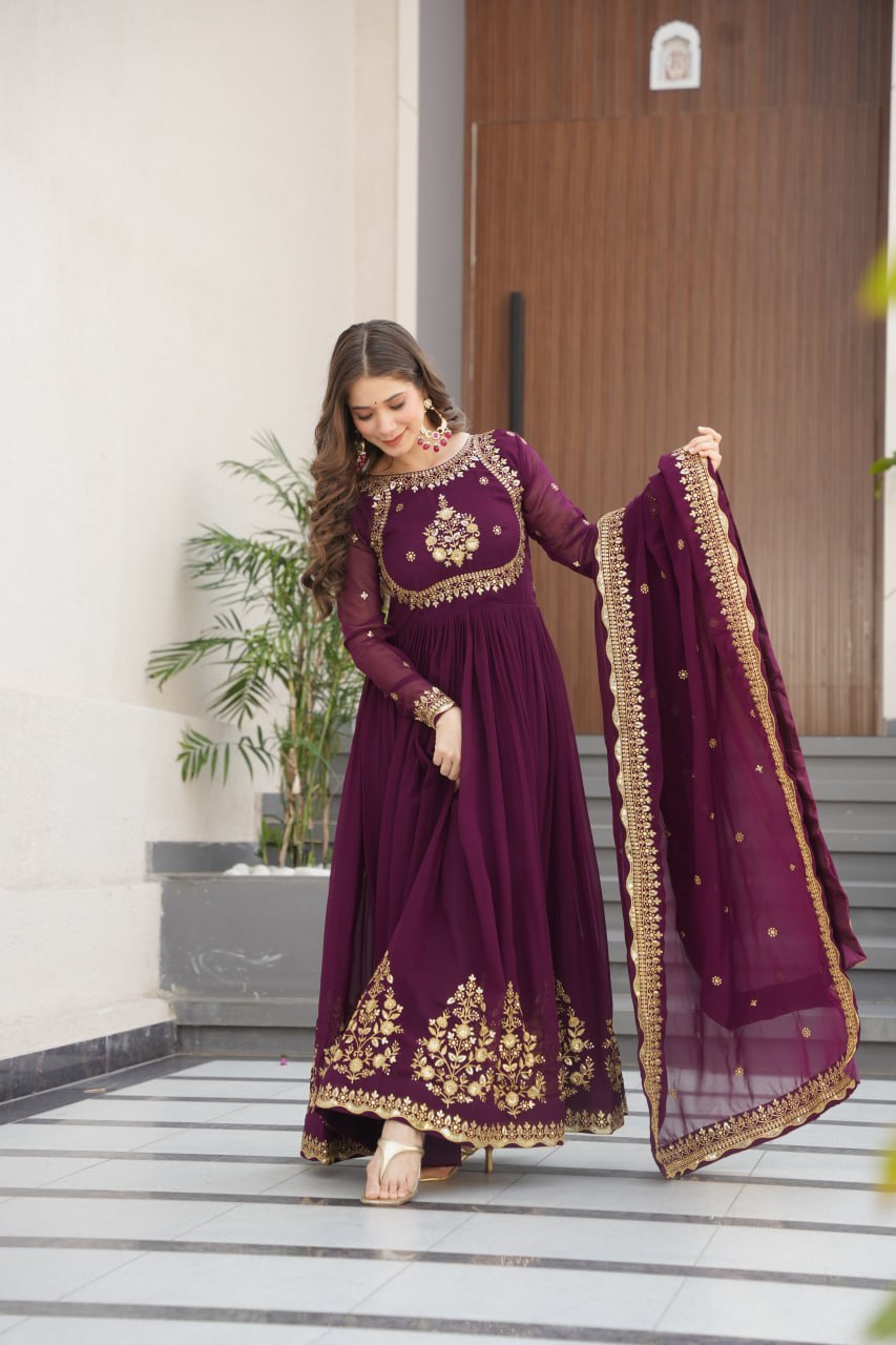
Luxury Faux Blooming Georgette with Zari Thread & Sequins Embroidery Gown Set