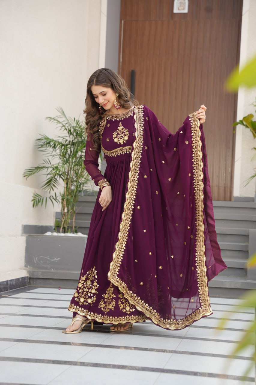 
Luxury Faux Blooming Georgette with Zari Thread & Sequins Embroidery Gown Set