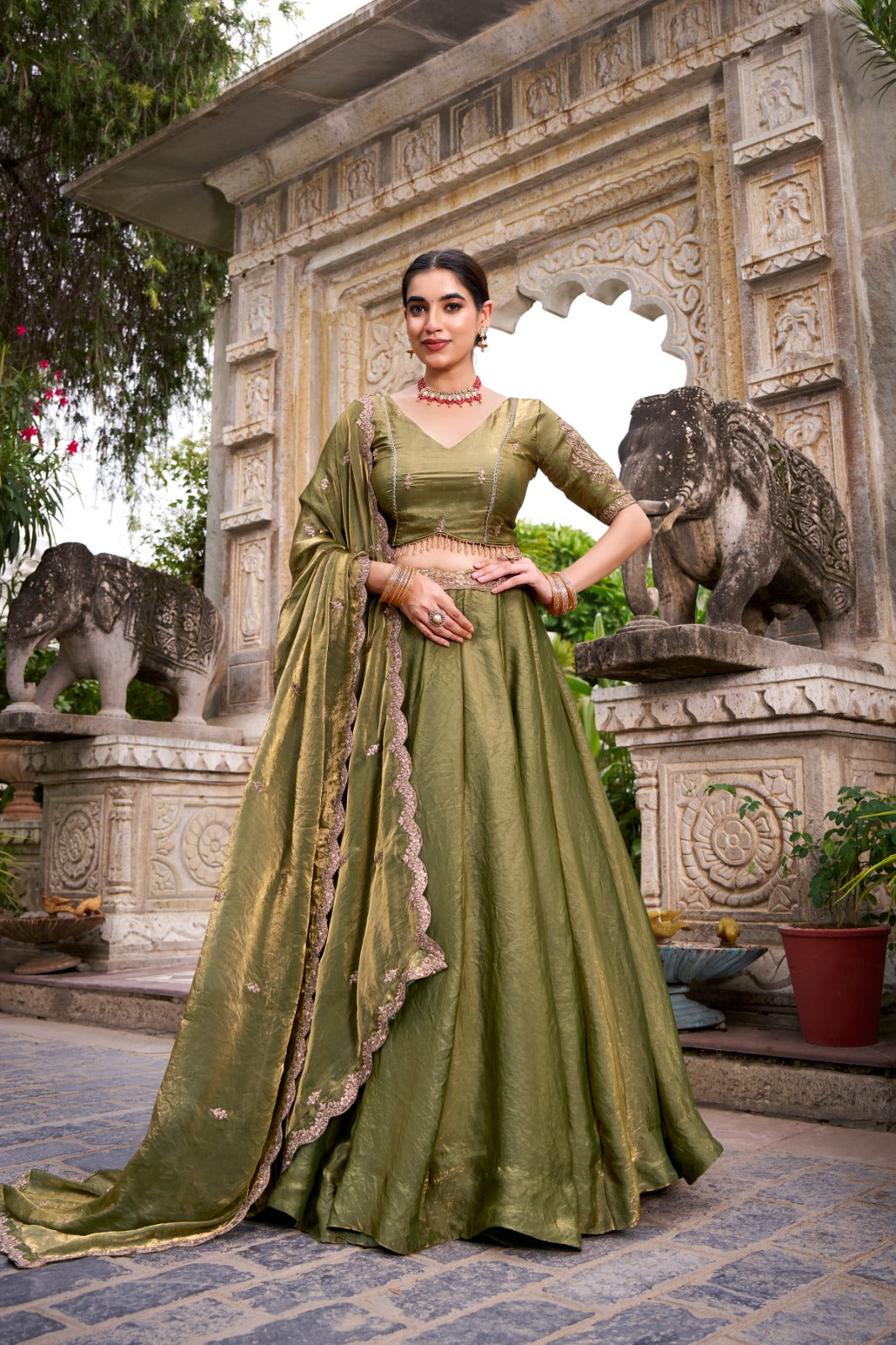 Festive Fendi Sequins and Thread Embroidery Work Lehenga Choli with Dupatta
