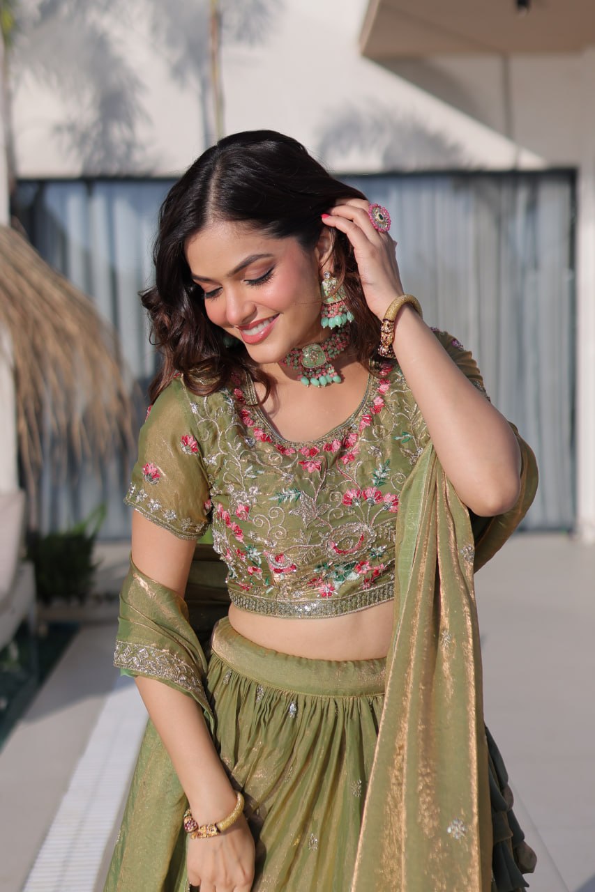 Festive Wear Fendi Silk Designer Lehenga Set with Embroidered Dupatta
