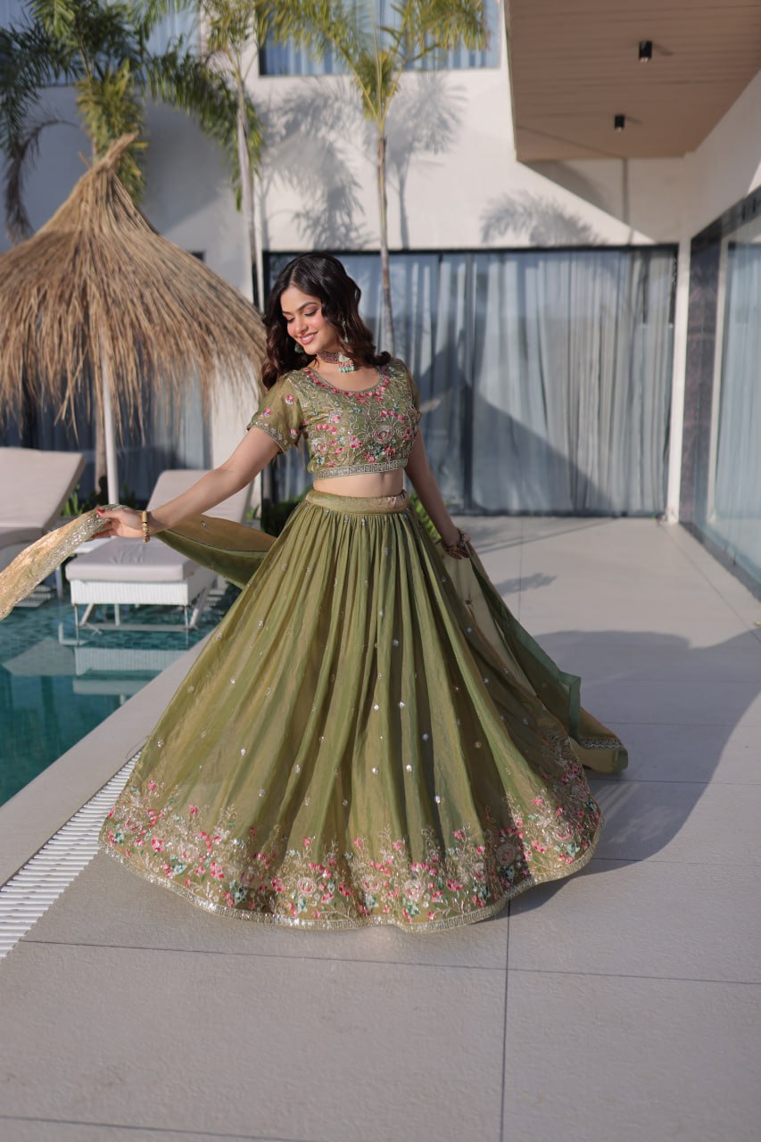 Festive Wear Fendi Silk Designer Lehenga Set with Embroidered Dupatta
