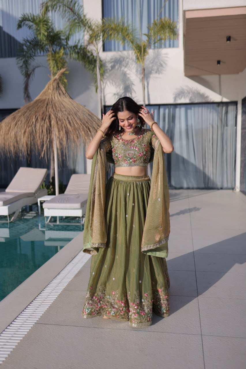 Festive Wear Fendi Silk Designer Lehenga Set with Embroidered Dupatta
