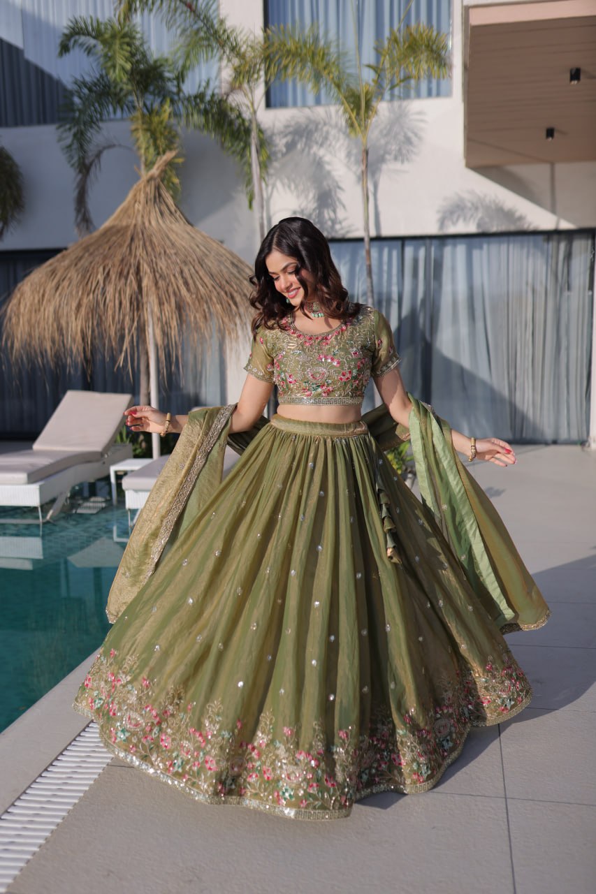Festive Wear Fendi Silk Designer Lehenga Set with Embroidered Dupatta
