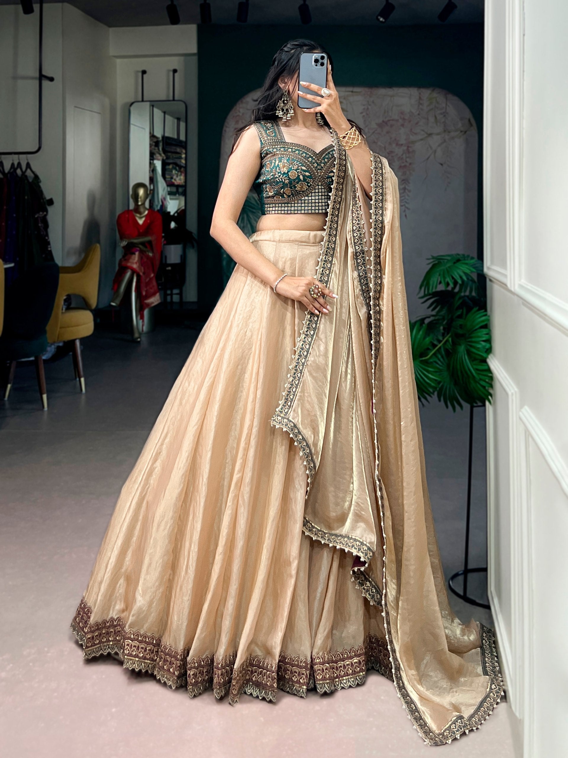 Wedding Special Fendi Silk Lehenga Choli with Embroidered Banglory Silk Blouse
