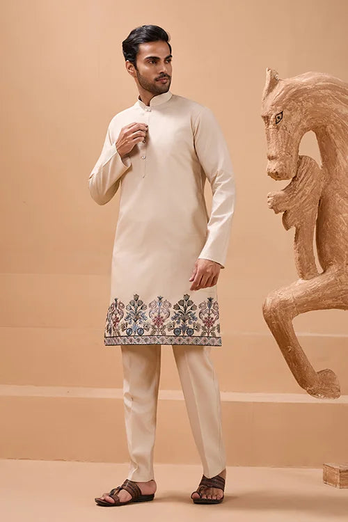 Tendy Beige Wedding Special Koti Kurta Set for Mens Wear