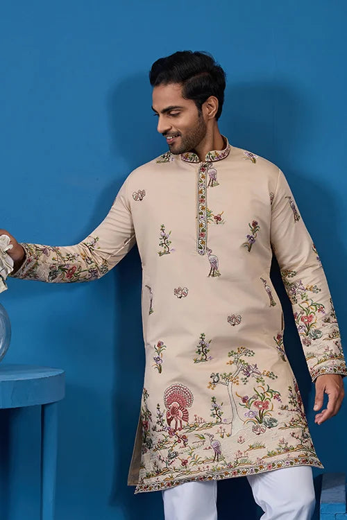 Perfect Festive Choice Beige Ethnic Kurta for Mens Wear
