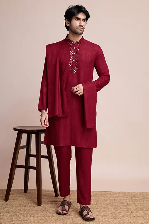 Festive Maroon Kurta Pant Set with Designer Dupatta