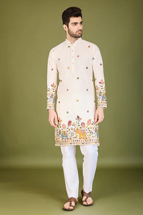 White Color Heavy Embroidered with Cotton Mens Wear Kurta