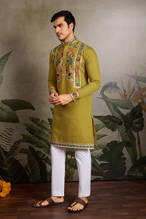 Festive Wear Flourescent Green Embroidered Kurta for Men