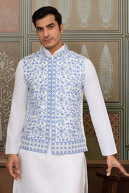 Traditional White Kurta Blue Koti Pajama for Men