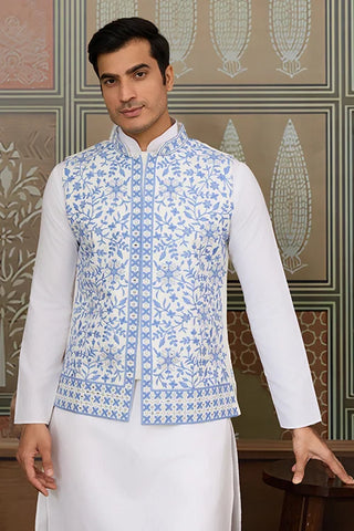 Traditional White Kurta Blue Koti Pajama for Men