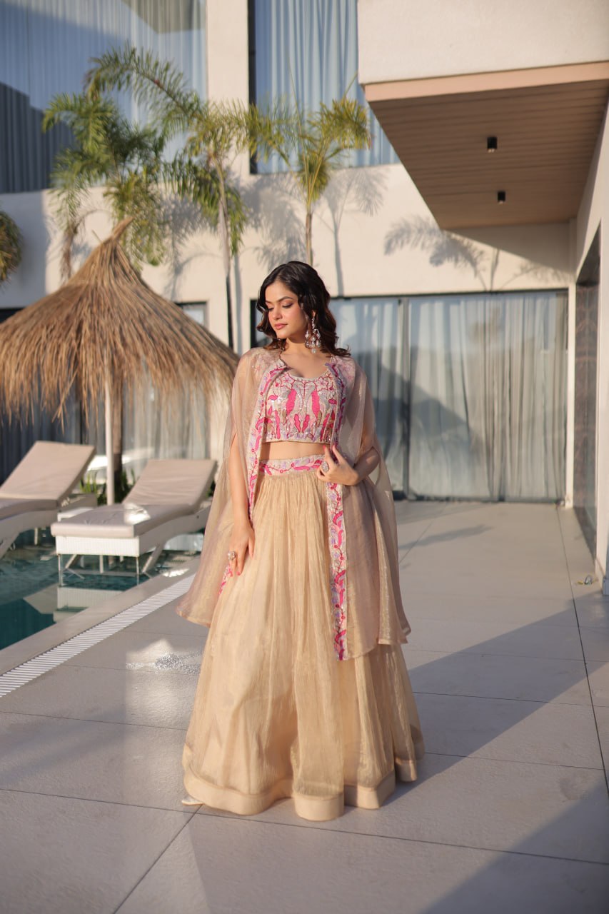 Festive Wear Sindur Silk Beads Embroidery Lehenga Choli with Shrug Set
