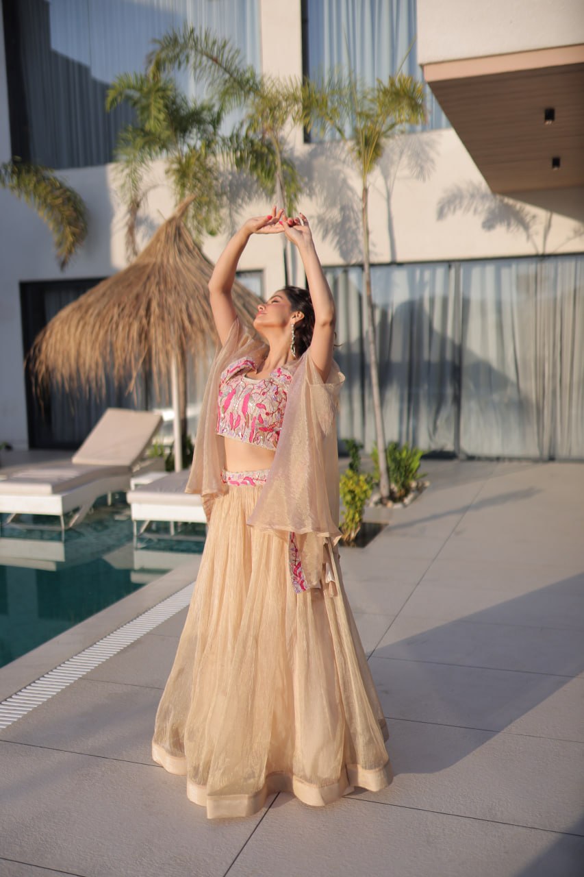 Festive Wear Sindur Silk Beads Embroidery Lehenga Choli with Shrug Set
