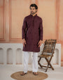 Festive Wine Soft Cotton Val-Moti Butta Work Mens Kurta Set