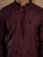 Festive Wine Soft Cotton Val-Moti Butta Work Mens Kurta Set
